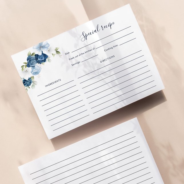 Pretty Dusty Blue Floral Bridal Shower Recipe (Dusty Blue Floral Script Bridal Shower Recipe Card)