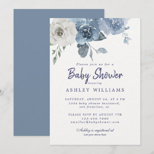 Pretty Dusty Blue Ivory Rose Baby Shower Invitation