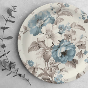 Pretty Dusty Blue/Light Brown Floral Paper Plate