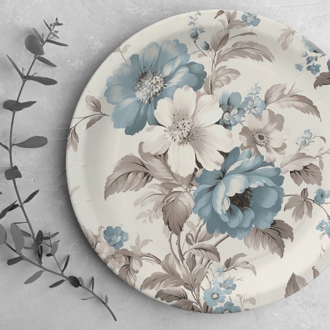 Pretty Dusty Blue/Light Brown Floral  Paper Plate (Creator Uploaded)