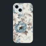 Pretty Dusty Blue/Light Brown Floral w/Initial iPhone 15 Case<br><div class="desc">Lovely spray of dusty blue and off-white boho style flowers with light brown foliage on eggshell background with text field for your initials/monogram/name.</div>