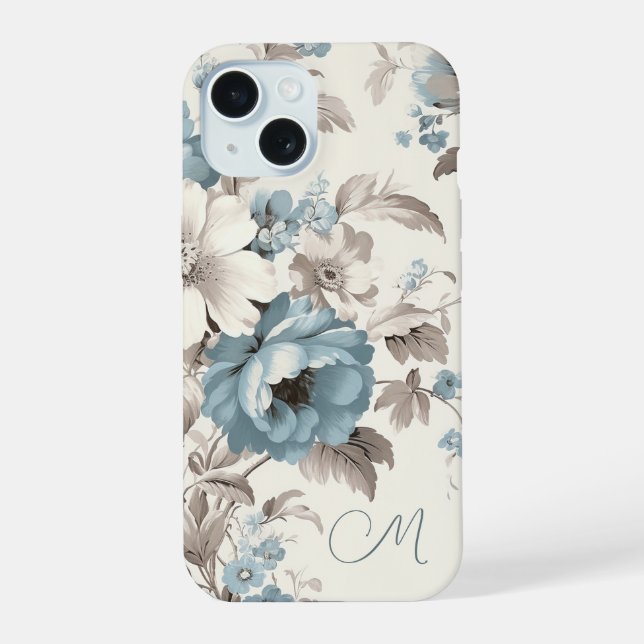 Pretty Dusty Blue/Light Brown Floral w/Initial iPhone 15 Case (Back)