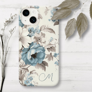 Pretty Dusty Blue/Light Brown Floral w/Initial iPhone 14 Case