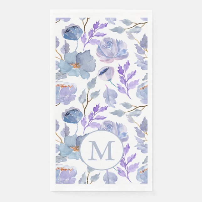 Pretty Dusty Blue Lilac Watercolor Floral Monogram Napkin (Front)