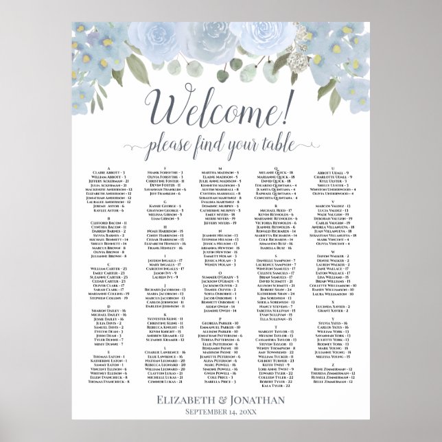 Pretty Dusty Blue Roses Alphabetical Seating Chart (Front)