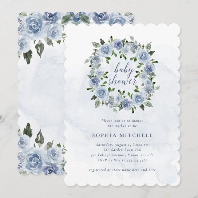 Pretty Dusty Blue Watercolor Flowers | Baby Shower Invitation (Front/Back)