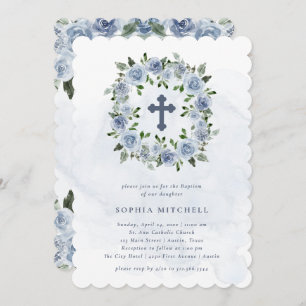 Pretty Dusty Blue Watercolor Flowers Baptism Invitation