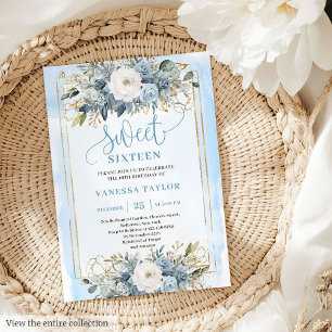 Pretty Dusty Blue White Gold Flowers Sweet 16  Invitation