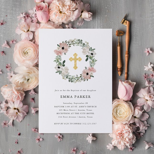 Pretty Dusty Peach Floral Wreath and Cross Baptism Invitation (Creator Uploaded)