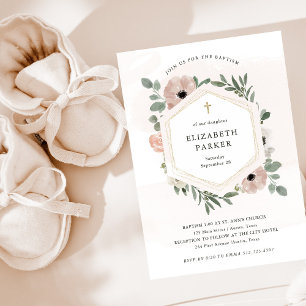 Pretty Dusty Peach Flowers and Greenery Baptism Invitation