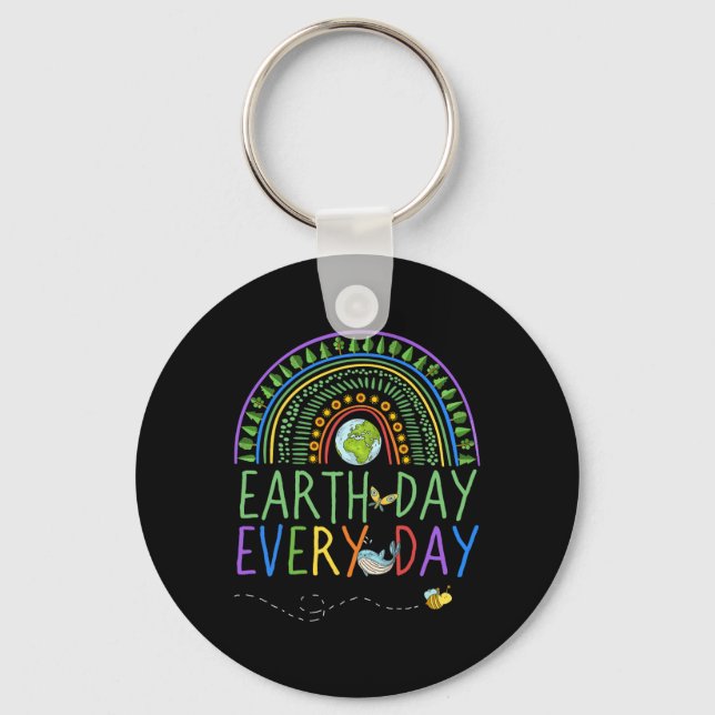 Pretty Earth Day Every Day Rainbow With Trees Eart Key Ring (Front)