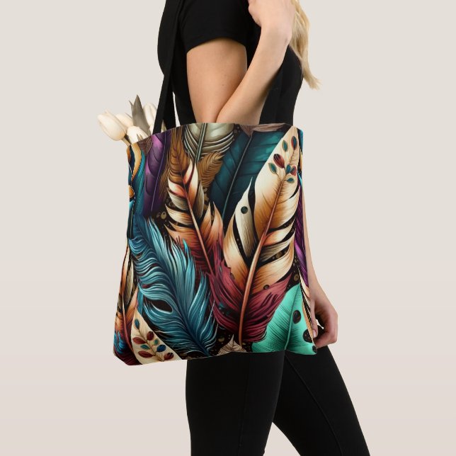 PRETTY EARTH TONED BOHO FEATHERS TOTE BAG (Close Up)