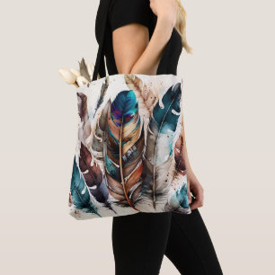 PRETTY EARTH TONED BOHO FEATHERS TOTE BAG