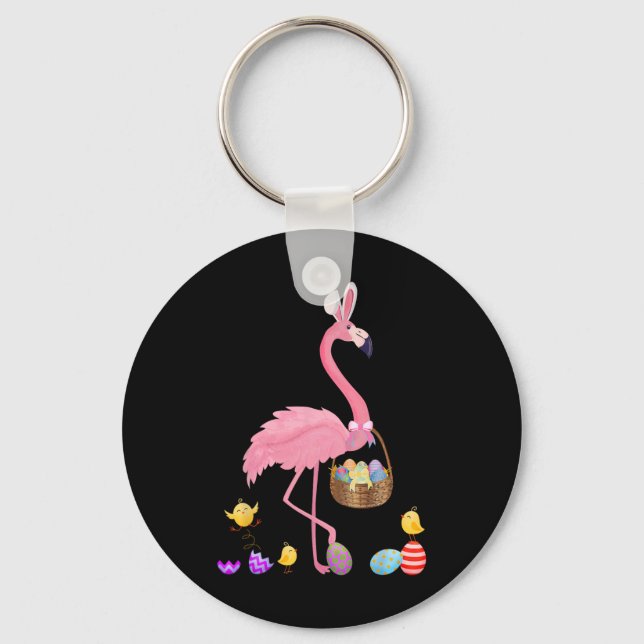 Pretty Easter Flamingo With Easter Basket Easter  Key Ring (Front)