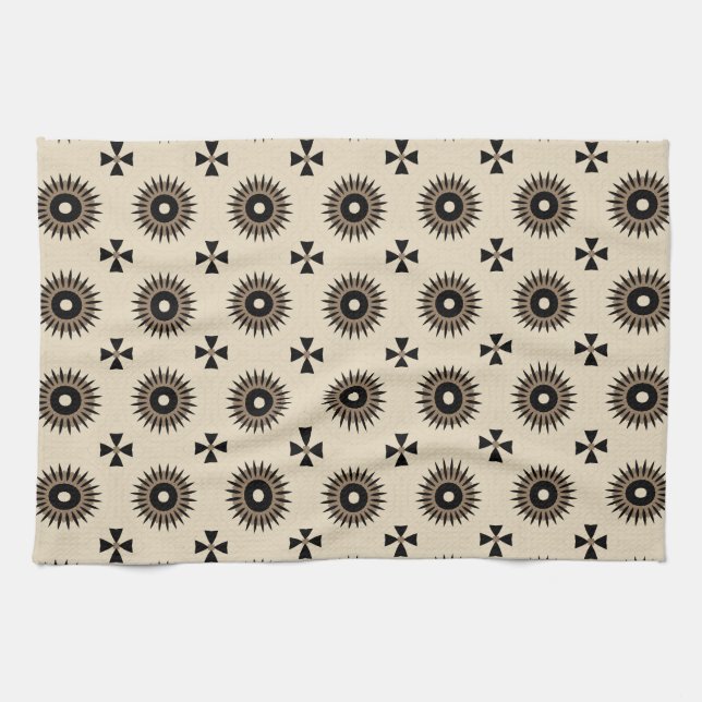 Pretty Elegant Black & Beige Geometric Pattern Tea Towel (Horizontal)