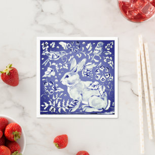 Pretty Elegant Blue Birds Rabbit in Flower Garden Napkin