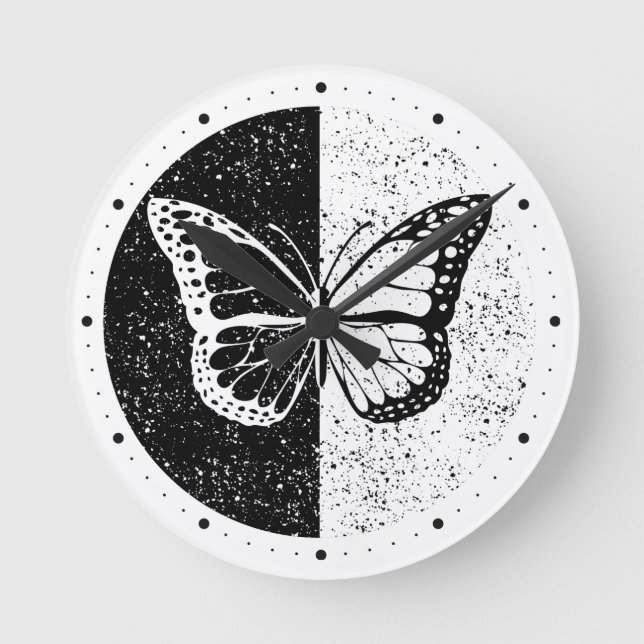 Pretty Elegant Butterfly Black & White Day Night Round Clock (Front)