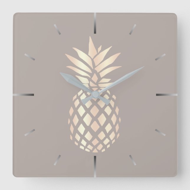 Pretty elegant copper rose gold pineapple & gray square wall clock (Front)
