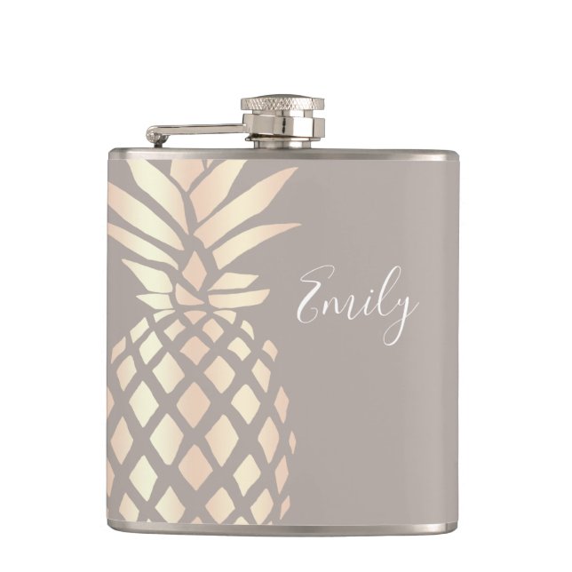 Pretty elegant copper rose gold pineapple & grey hip flask (Front)