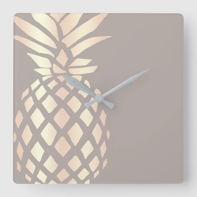 Pretty elegant copper rose gold pineapple & grey square wall clock (Front)
