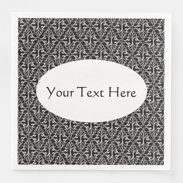Pretty Elegant Damask in Black White Scrolls Napkin (Front)