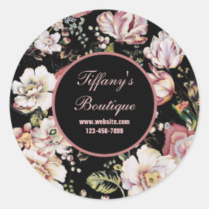pretty elegant girly chic pink black floral classic round sticker