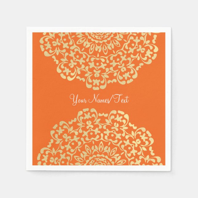 Pretty Elegant Gold Orange Lacy Patterned Napkin (Front)
