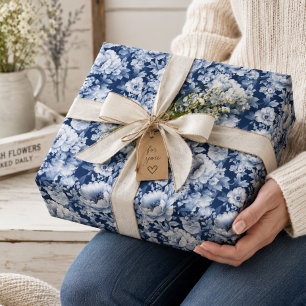 Pretty Elegant Indigo Blue Floral Pattern Wrapping Paper