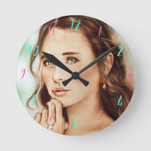 Pretty Elegant Lady Round Clock, Vintage Art Round Clock