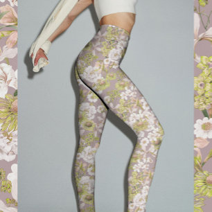 Pretty Elegant Light Green Neutral Floral Pattern Leggings