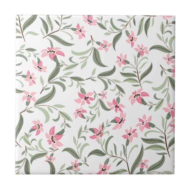 Pretty Elegant Pink Floral Pattern White Ceramic Tile (Front)