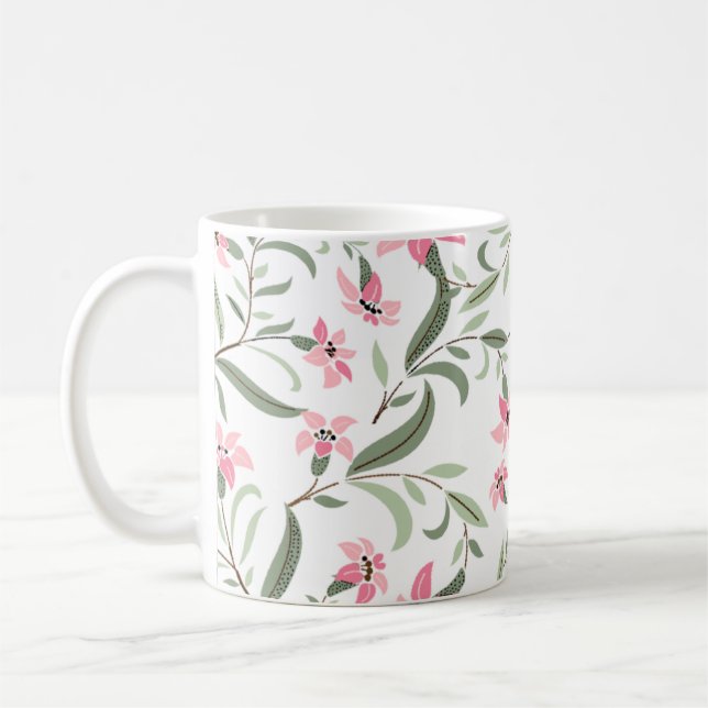 Pretty Elegant Pink Floral Pattern White Coffee Mug (Left)