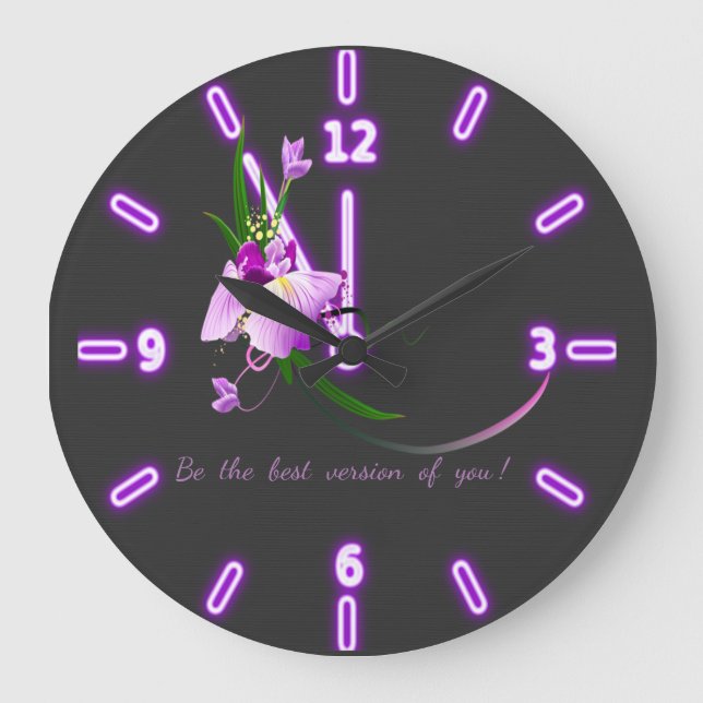 Pretty Elegant  Purple Flower-Black Background Large Clock (Front)