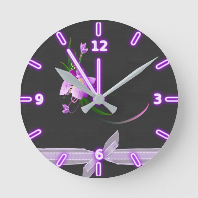 Pretty Elegant  Purple Flower-Black Background Round Clock (Front)