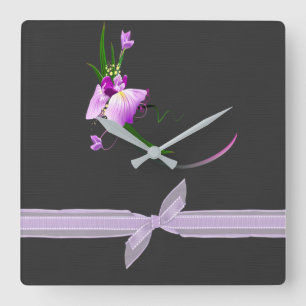 Pretty Elegant Purple Flower-Black Background Square Wall Clock