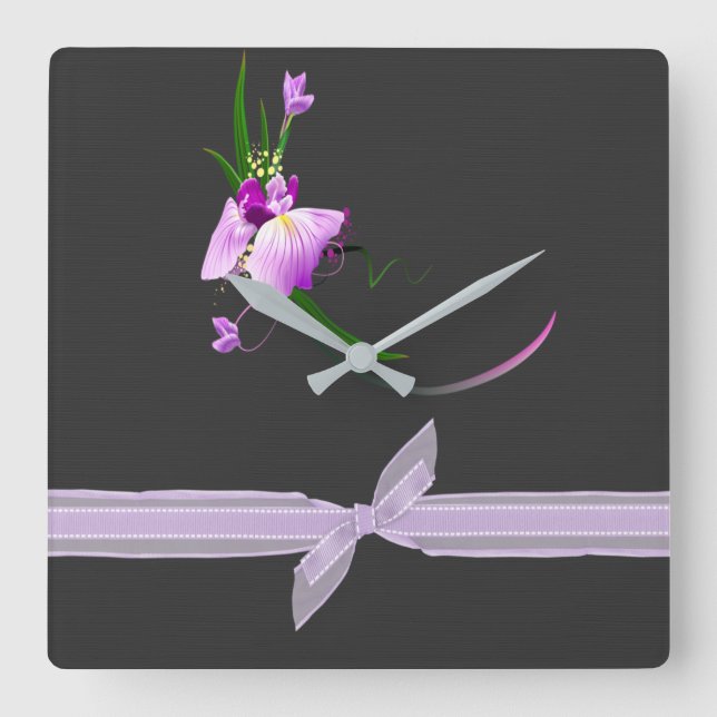Pretty Elegant  Purple Flower-Black Background Square Wall Clock (Front)