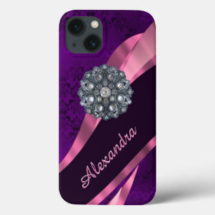 Pretty elegant purple personalised damask pattern iPhone 13 case