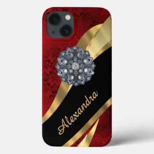 Pretty elegant red damask pattern personalised iPhone 13 case