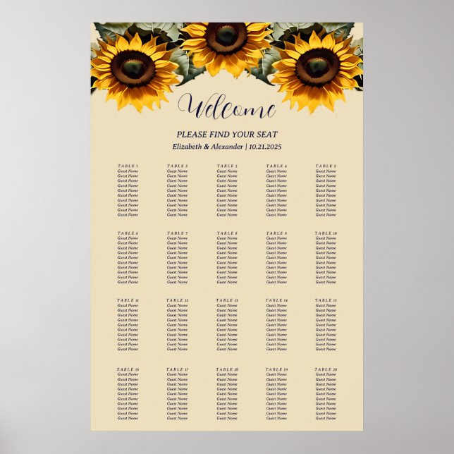 Pretty elegant sunflowers wedding seating chart (Front)