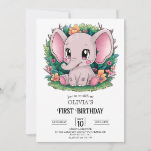 Pretty Elephant 1st Birthday Digital Invitation