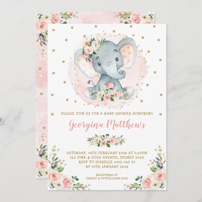 Pretty Elephant Baby Shower Blush Gold Floral Rose Invitation (Front/Back)