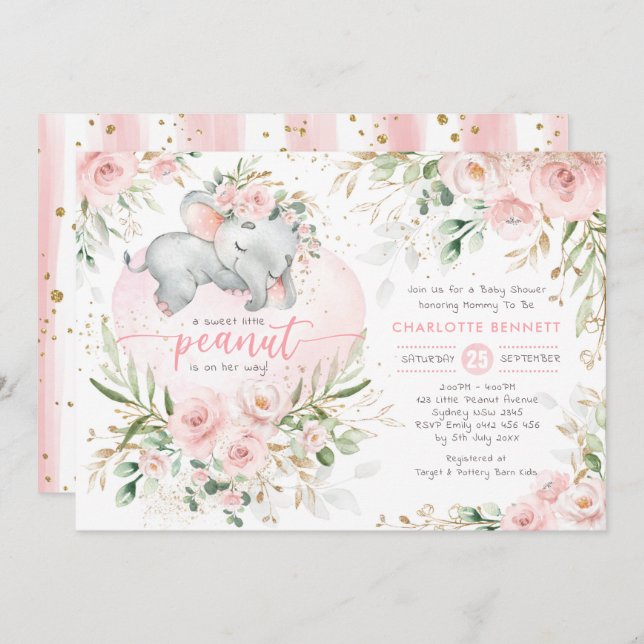 Pretty Elephant Blush Pink Gold Floral Baby Shower Invitation (Front/Back)