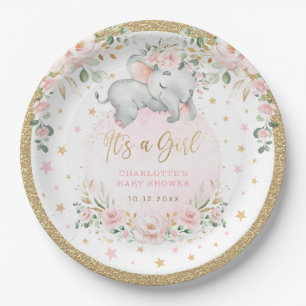 Pretty Elephant Blush Pink Gold Flower Baby Shower Paper Plate