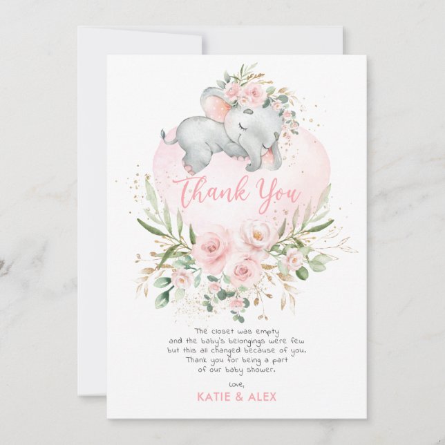 Pretty Elephant Pink Blush Gold Floral Baby Shower Thank You Card (Front)