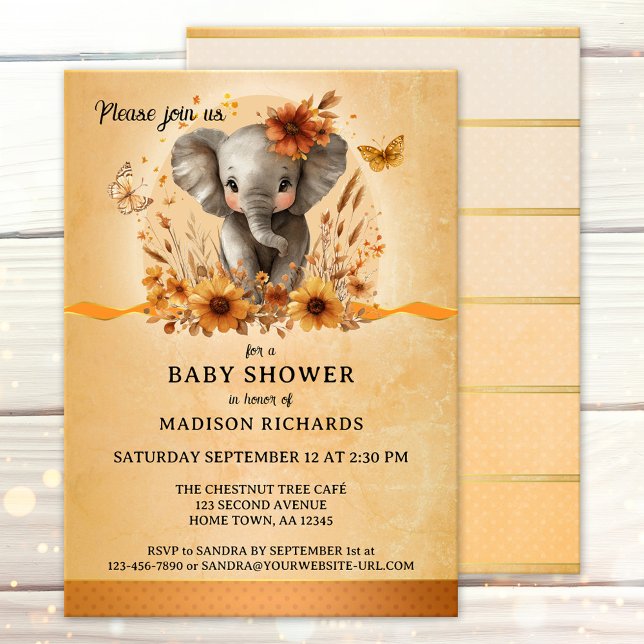 Pretty Elephant Terra Cotta Fall Baby Shower Invitation (Gender neutral baby shower invitation featuring a pretty watercolor elephant on terra cotta )
