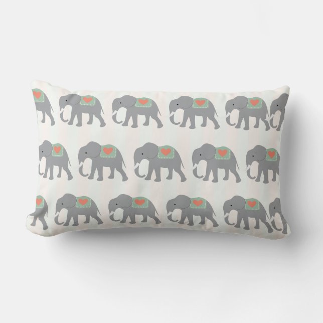 Pretty Elephants Coral Peach Mint Green Striped Lumbar Cushion (Front)