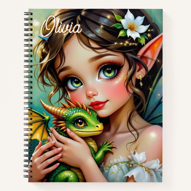 Pretty Elven Fairy and Dragon Personalized Notebook (Front)