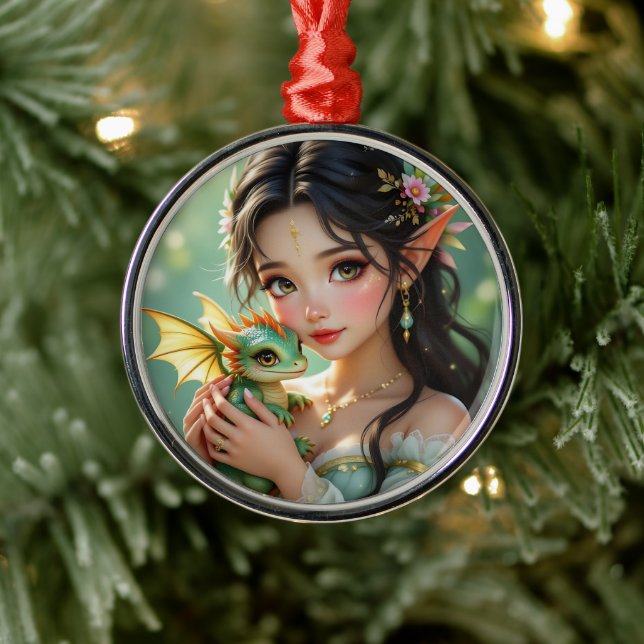 Pretty Elven Fairy & Dragon Ethereal Christmas Metal Ornament (Tree)