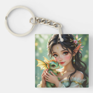 Pretty Elven Fairy & Dragon Ethereal Personalized Key Ring