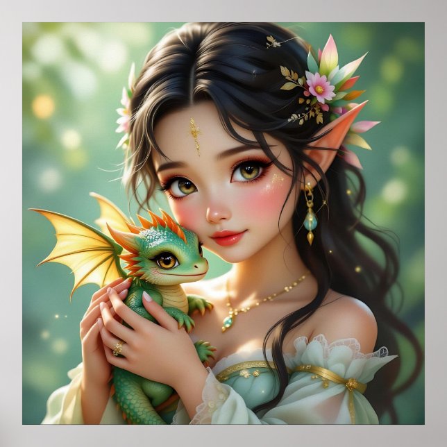 Pretty Elven Fairy & Dragon  Poster (Front)